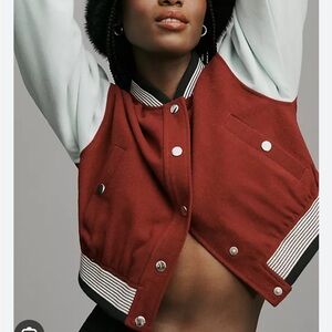 Anthropologie (Maeve) Burgundy and Pale Blue Croped Varsity Style Bomber Jacket